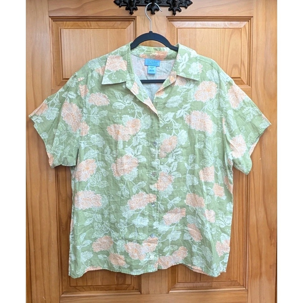 SO Blue Sigrid Olsen Woman 1X Shirt 100% Linen Button-Down the Front Top